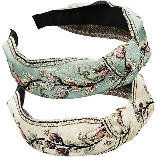 2-pack Boho Knutet Hårband Broderat Tyg Hårband Retro Hårband Elastiskt Blommigt Hårband Turban Håraccessoarer