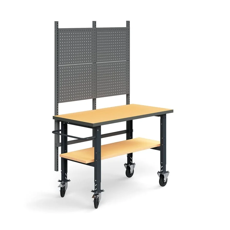 Komplett arbeidsbord på hjul, verktøytavle, underhylle, L1500 B760 mm, herdet board