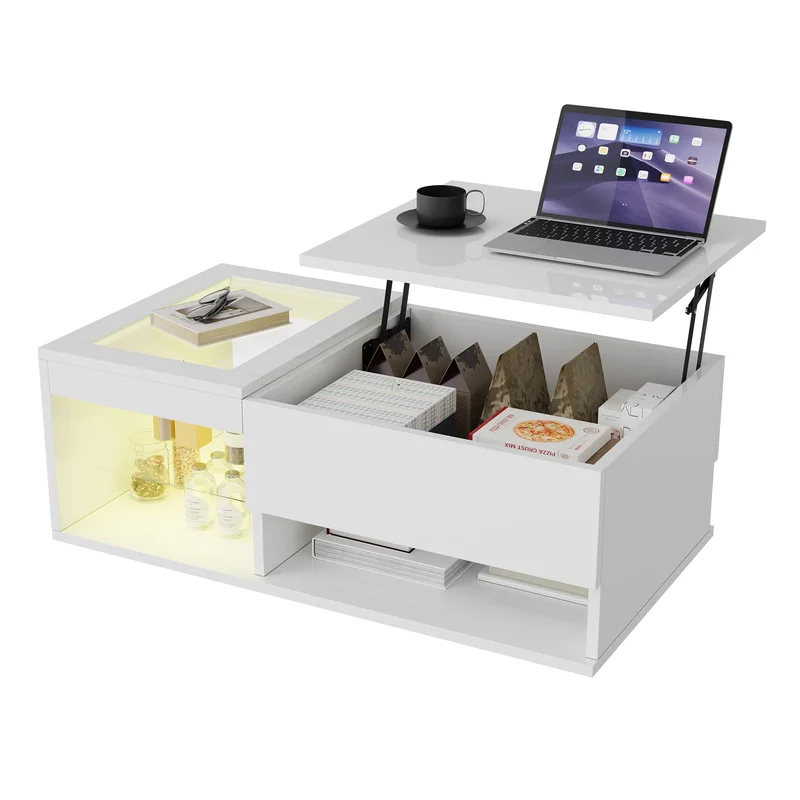AliExpress - Table basse extensible Superaly avec éclairage LED, table de salon brillante avec 2 étagères en verre, avec étagères ouvertes et 