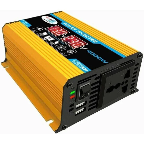 12V 220V inverter, 4000W ren sinusbølge inverter DC 12V 220V/110V bil inverter med dobbelt spændingsdisplay og USB-porte 4.2A oplader,
