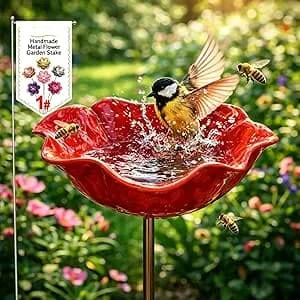 Fuglebad i metall med blomster, håndlagde hagestaker, vinterbestandige fuglebad og insektvann, fuglebad for hage og uteplass 1 stk rød 1 stk