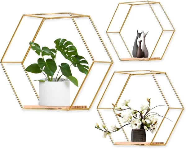 3 Hexagon -seinähyllyn sarja, riippuvat hyllyt, metalliset ja puiset kelluvat hyllyt, seinäsäilytysteline keittiöhyllylle