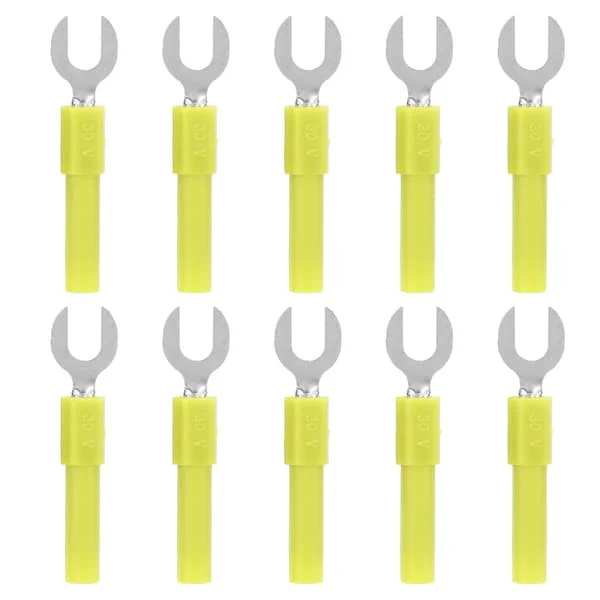 10 stk messing gaffelspids ledningskontakter, 6 mm/0,2 tommer messing Y-type, 4 mm/0,2 tommer hul banan stik, 30Vac-60Vdc Maksimum, 10A gul