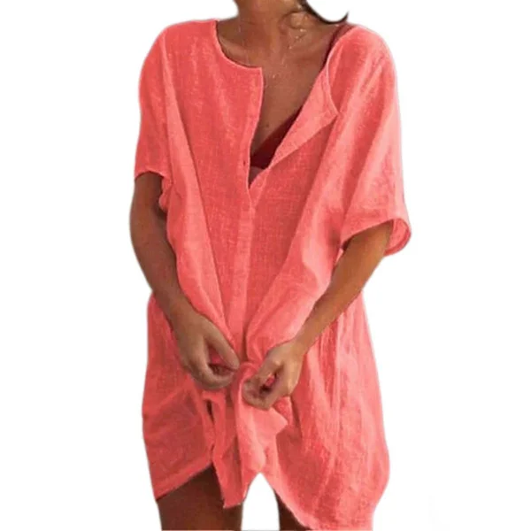 Women's Oversized Cotton T-Shirt Dress, Beach Dress, Round Neck Bikini Cover-Up with Button Placket Watermelon