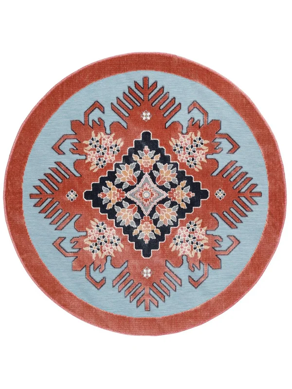 Lavable Alfombra Para Interiores/Exteriores Fari Kilim Turquesa Redonda Pequeño Oeko-Tex
