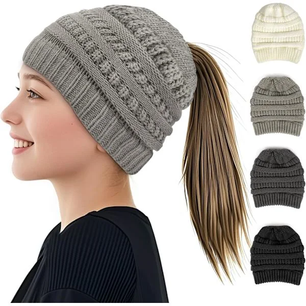 Strikket hue til kvinder, elastisk blød kabelstrikket hue med huller til kvinder, stilfuld termisk varm vinter hestehale strikket hue, Slouchy