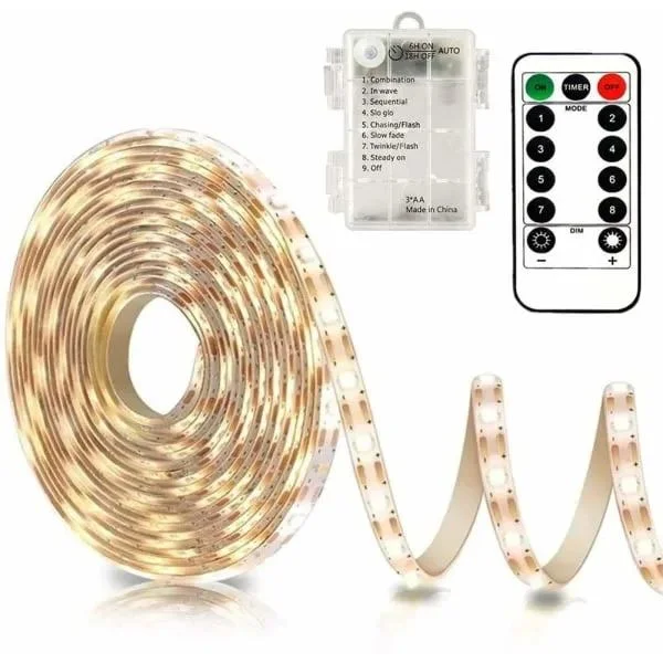 3m batteridrivna LED-lister med fjärrkontroll, 90 LED-lampor, vattentäta, 8 lägen, dimbara, timer, självhäftande, klippbara (varmvit)