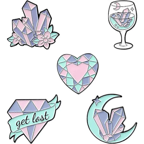 Sæt med 5 emaljestifter med diamantkrystalklynger, måne, vinglas, stifter til piger, gave, stifter, rygsæktilbehør, badges, hatte, tasker.