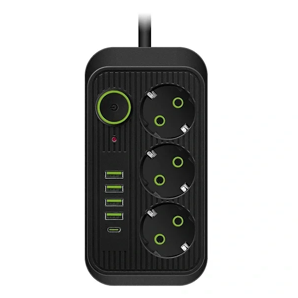 EU grenuttag förlängningssladd med 3 AC-uttag 4 USB-portar Typ C snabbladdning för hemmakontor skrivbord svart 2M