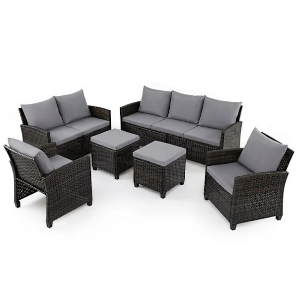 Havemøbel Sæt 6 Stykker COSTWAY, 3-Personers Sofa, 2-Personers Sofa, 2 Stole, 2 Puffere, Aftagelige Puder Grå