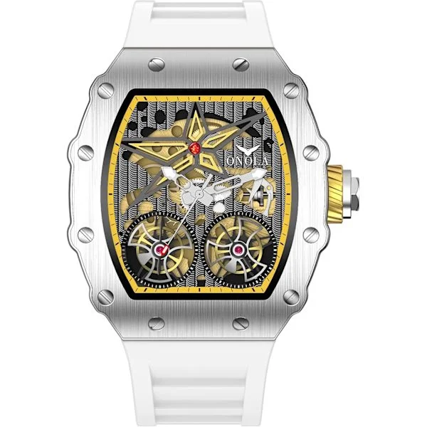 Luxury Automatic Mechanical Watches for Men Tonneau Shaped Hollow Men's Watch Silicone Strap Analog Display Waterproof Wristwatch