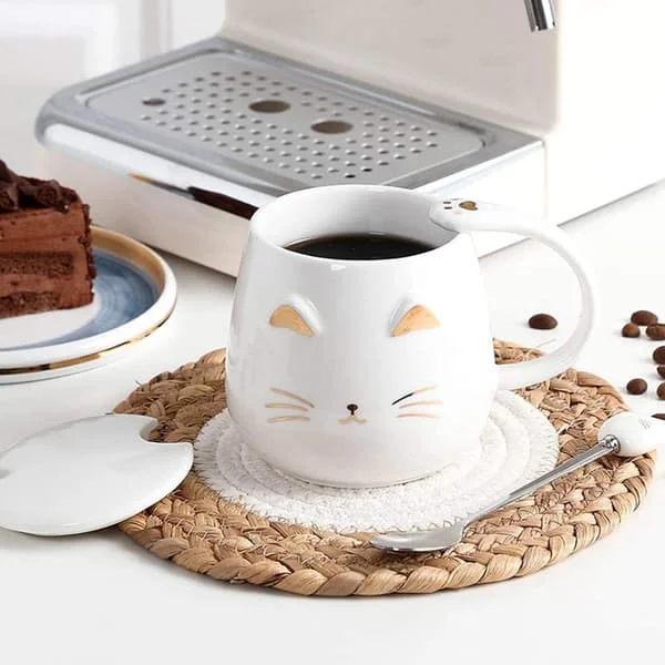 Keramiska kattmuggar, mugg med katt, kattsmönster, söt keramisk kaffemugg med söt kattunge lock, rostfritt stål sked(Vit)-FX-