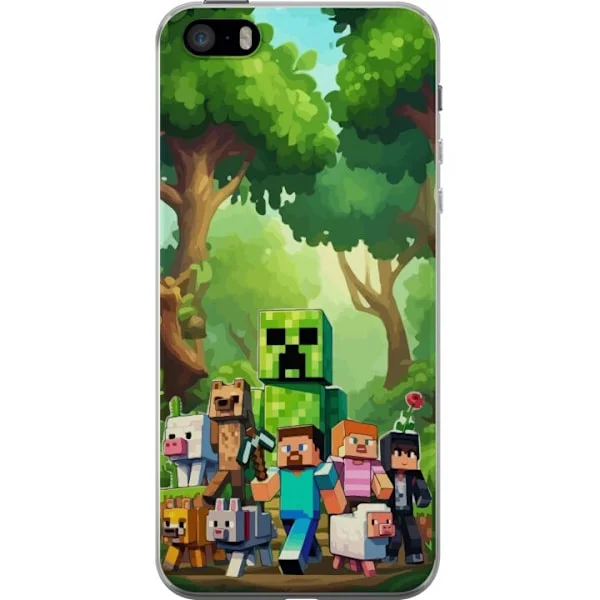Kompatibel Mobilcover til Apple iPhone SE (2016) Farverigt blok eventyr med figurer og dyr i en grøn skovmiljø, perfekt til spil-elskere og kreative
