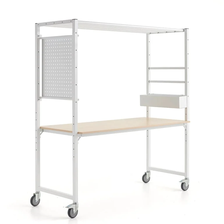 Mobile multi-table TEAMWORK, accessory box, tool panel, white/birch