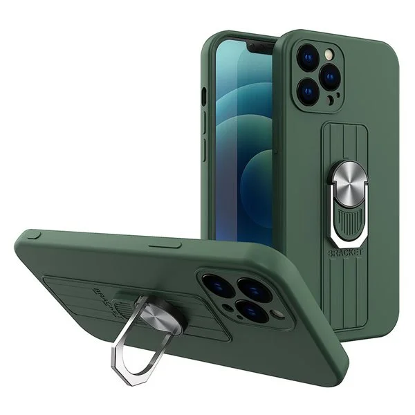 Ring Case silikonetui med fingergrep og stativ for Samsung Galaxy S21+ 5G (S21 Plus 5G) mørkegrønn