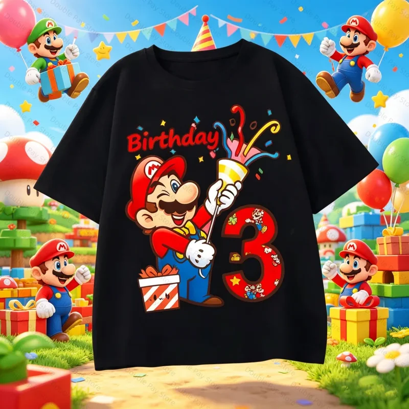 AliExpress - T-shirts noirs Super Mario Bros pour garçons et filles, hauts à manches courtes mignons de dessin animé, t-shirt d'anniversaire imprimé 