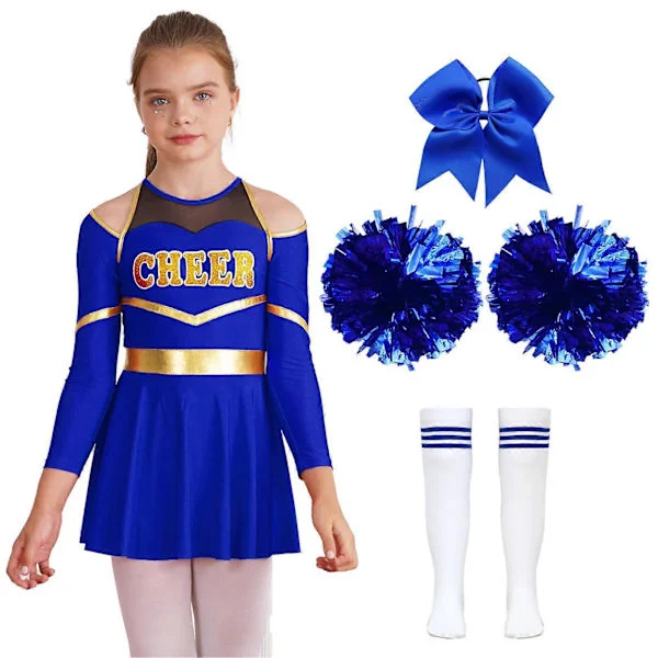 【BQ】Thds Girls Dance Costume Round Neck Long Sleeve Dress with Shorts Bow Headpiece Hand Flowers Socks Cheerleading Uniform Outfits black,whit