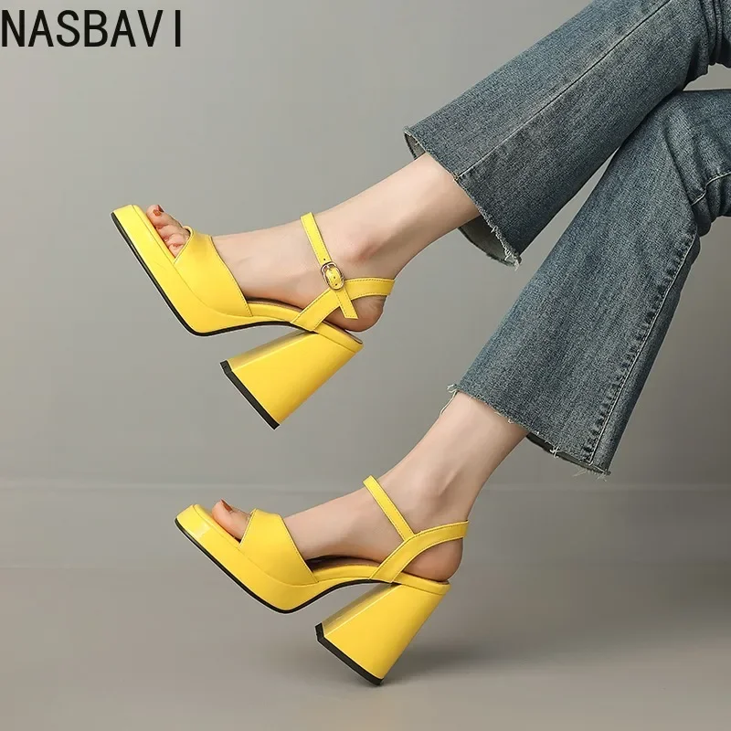 AliExpress - NASBAVI Women Patent Leather Sandals Super Chunky High Heeled Ankle Buckle Shoes Platform Summer Thick Heel Sandal Ladies 35-43
