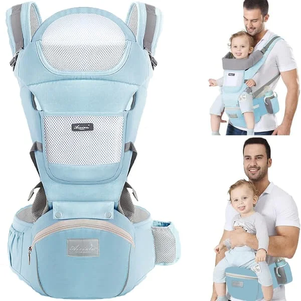 Bæresele, Ergonomisk Baby Hoftesete, Justerbar Hodestøtte, med 9 Bæreposisjoner (Lys Blå)
