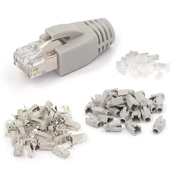 20-pakning CAT7 Skjermet RJ45-kontakt Cat6A Cat7 RJ45 Modulær Plugg med Lastestang og RJ45 Strekkavlastningsstøvler Grå 8P8C