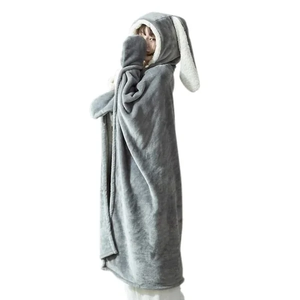 Söt Kaninöron Bärbar Filt Tjock Fleece Pläd Huva Poncho Omslag med Handskar Hem Tjej Hoodie【PL】