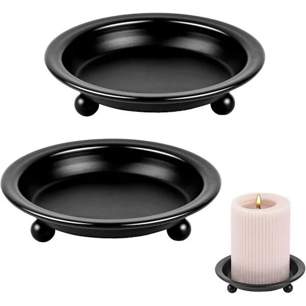 2-pack Pillar Candle Holders Matte Black Iron Candle Plates Metal Pedestal Candlestick for LED & Wax Candles Spa, Bathroom
