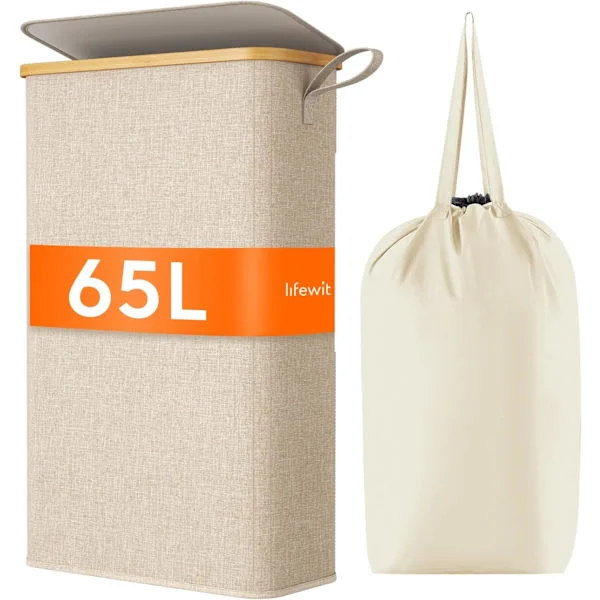 Extra Flat 65L Laundry Hamper, Dirty Laundry Basket with Lid, Bamboo Laundry Basket with Removable Bag and Handles