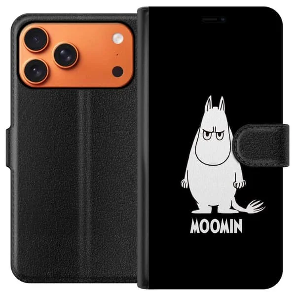 Kompatibelt Plånboksfodral till Apple iPhone 17 Pro Max Mumin med en bestämd min mot svart bakgrund i minimalistisk stil