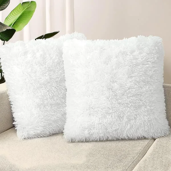 Set med 2 dekorativa prydnadskuddar 50x50 cm, vita fluffiga kuddfodral nya lyxiga fuskpäls fyrkantiga soffkuddar för soffa vardagsrum säng