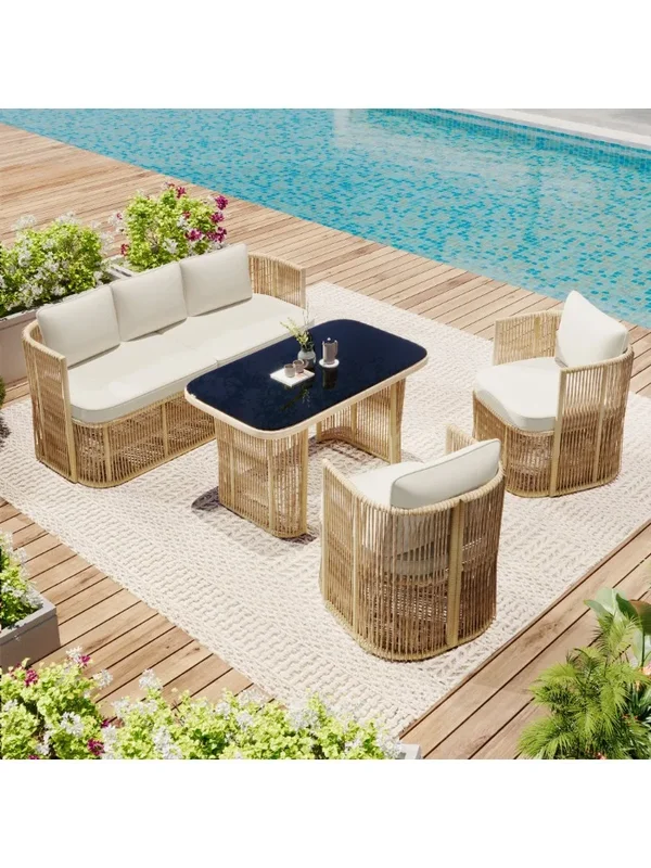 AliExpress - 4-teiliges Gartenmöbel-Set aus PE-Rattan, mit Sofa, 2 Sesseln und Glastisch, mit Kissen, Stahlrahmen und gehärteter Glasplatte