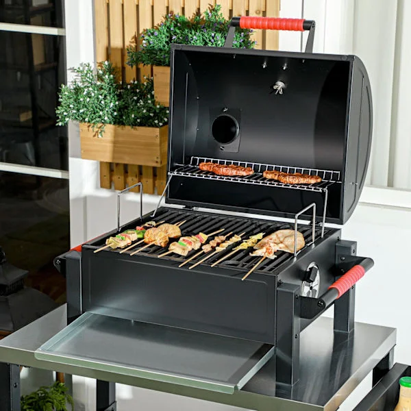 Hollow Puinen Grilli, Pöytägrilli Grillitelineellä, Hiilialusta, Retkeilygrilli Kannella, Kahva, Lämpömittari, Pöytägrilli Piknikille, Puutarha, Musta