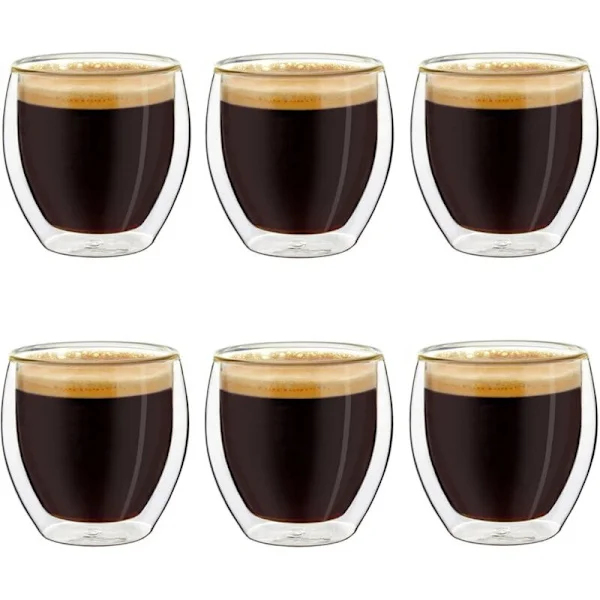 Dobbeltvæggede espressoglas. Sæt med 6, 100 ml. Mokkakopper. Termoglas med svævende effekt.