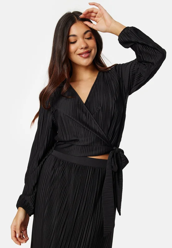BUBBLEROOM Pleated Long Sleeve Wrap Top Black XS