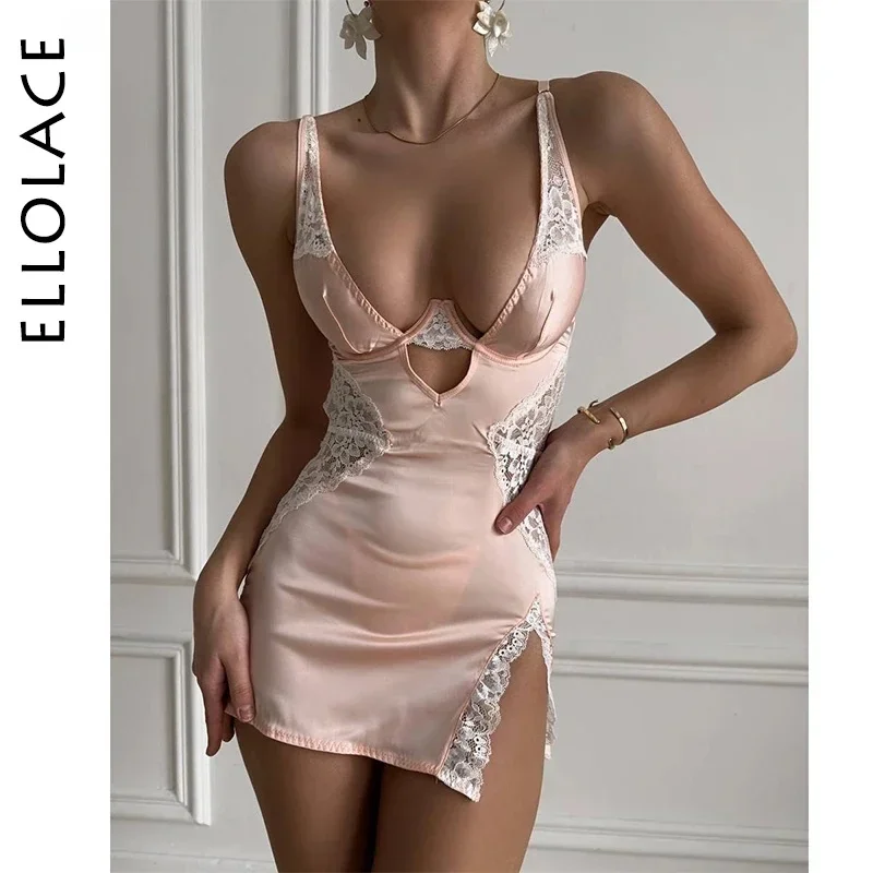 AliExpress - Ellolace Sexy Tiefem V-ausschnitt Satin Kleid Sexy Dessous Spitze Patchwork Split Sissy Nacht Kleid Frauen Slip Kleid Seide nachtwäsche