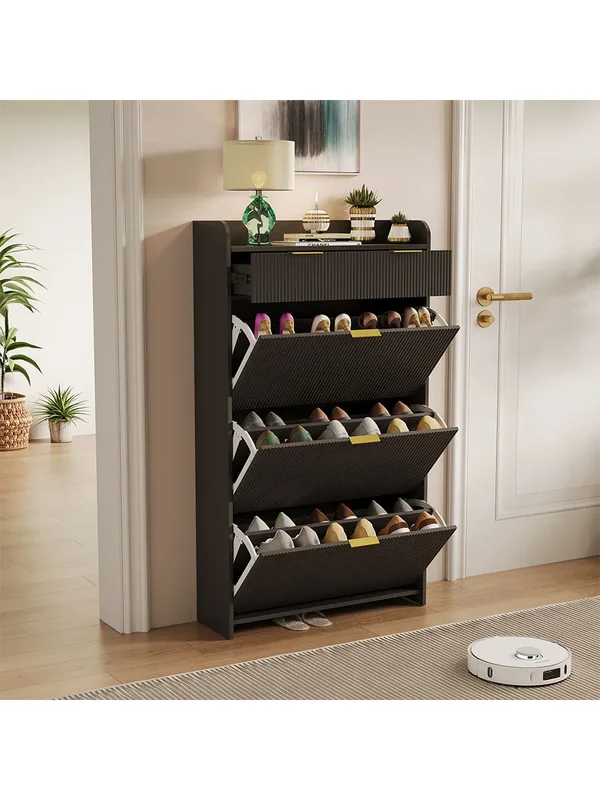 AliExpress - Superaly Gerillter Schuhschrank mit Schublade, Schmaler Eingangsbereich-Schuhaufbewahrungsorganizer mit Klappschubladen, Schwarzes Holz-