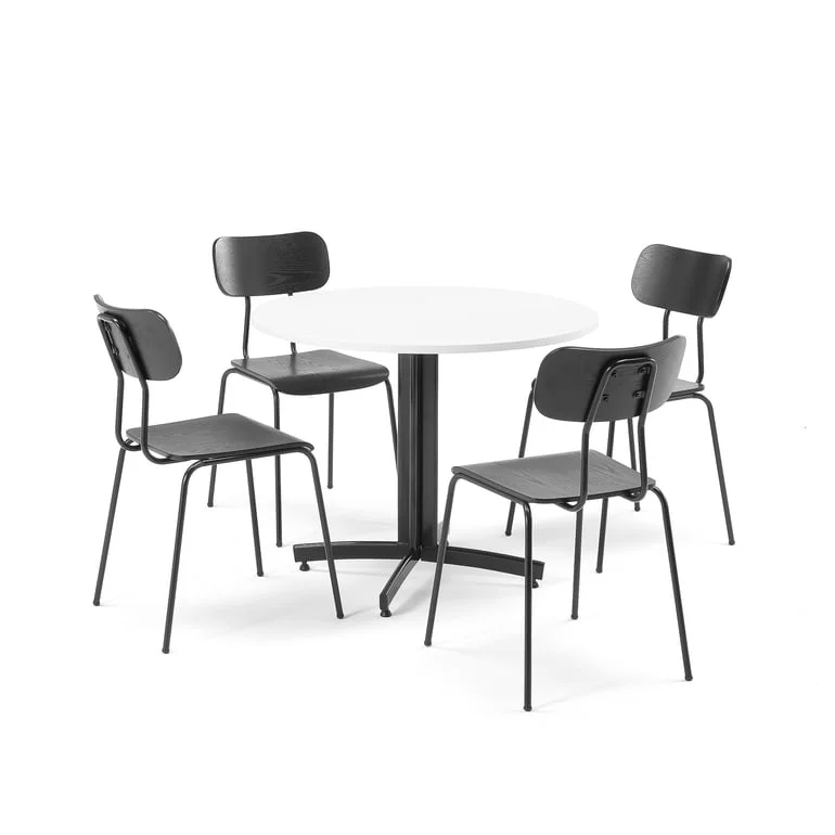 Möbelgrupp SANNA + RENO, 4 platser, vitt bord, svarta stolar