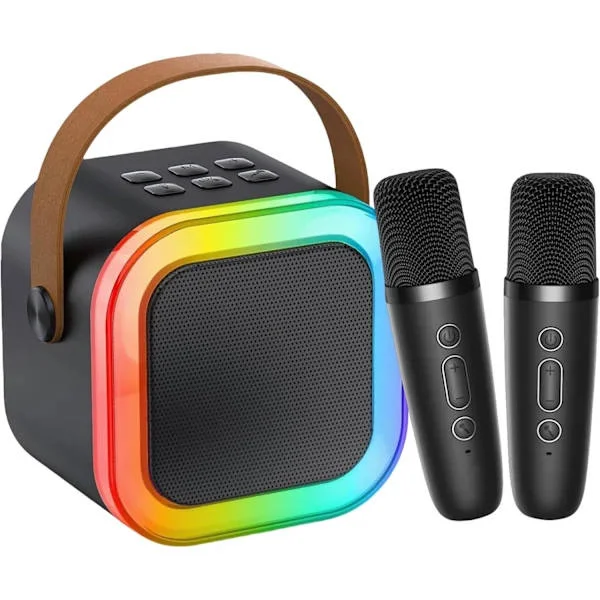 Mini karaokemaskin for barn og voksne – Bærbar Bluetooth-høyttaler med 2 mikrofoner, barnemikrofoner