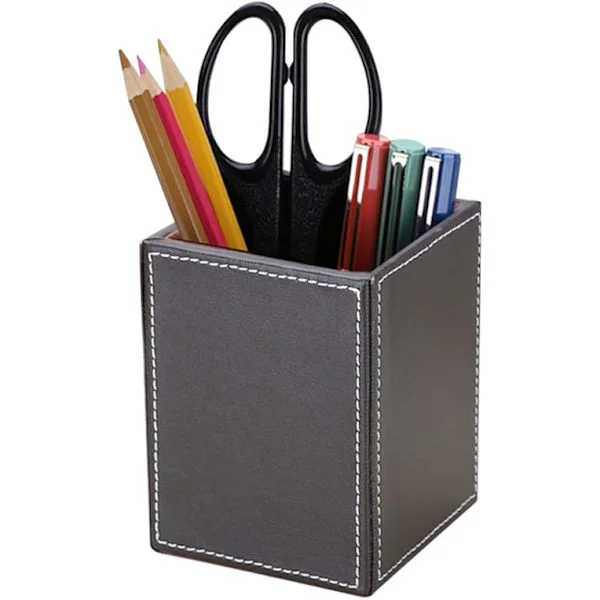 Square PU Leather Pen Holder, Desk Storage, Office Supplies, Container, Brown