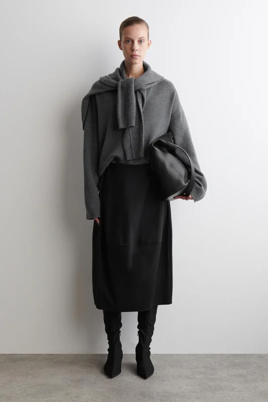 COS Women's Rounded Cotton Midi Skirt in Black