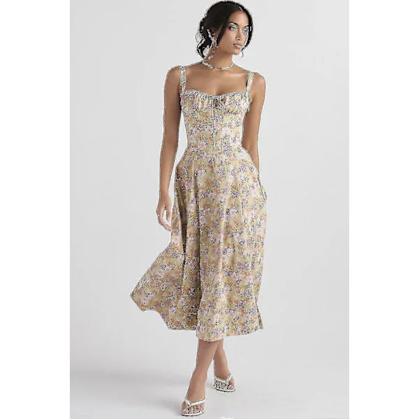 Blomstret Boho Midi Bustier Kjole til Kvinder Carmen Print Sommer Strand Swing Kjoler
