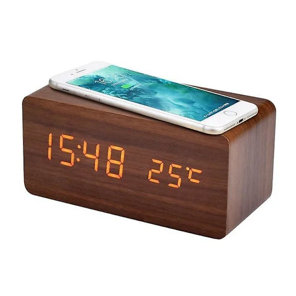 Trädigital väckarklocka FM-radio, snabb trådlös laddningsstation för iPhone/Samsung Galaxy, USB-laddningsport, sömntimer, trä LED-klocka för säng