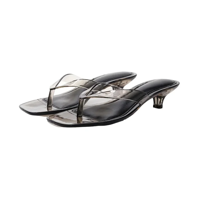 AliExpress - Elegante Thong-Sandalen für Damen mit Absatz, eckiger Zehenpartie, transparentem Braun und Kitten-Heel – perfekt für Sommer, Strand und 