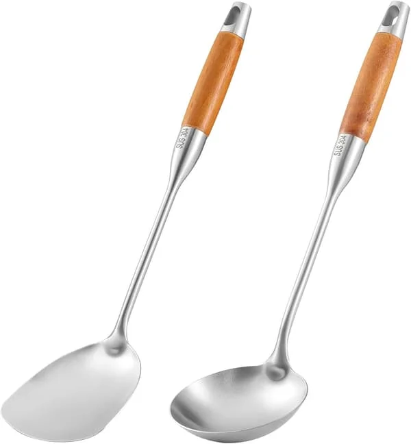 TsunNee 2-pack Stainless Steel Kitchen Utensil Set, 304 Stainless Steel Wok Spatula and Soup Ladle Set with Long Heat-Resistant Wooden Handle