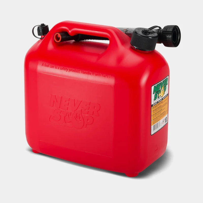 Jerrican à essence / bidon à carburant Never Stop, 10 litres, avec bec verseur AutoStop, évent & bouchon de sécurité, polyéthylène haute densité (HDPE