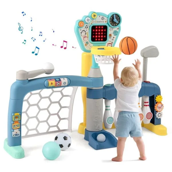 COSTWAY 5 i 1 Basketkorg för Barn COSTWAY med Basketkorg, Fotbollsmål, Golf, Bowling, Baseboll, Musik och LED