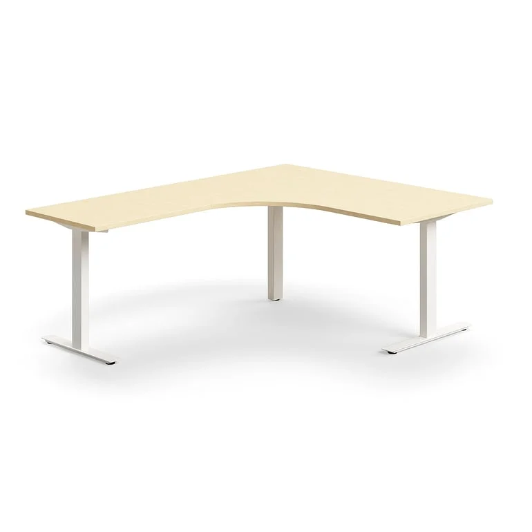 Desk QBUS, L-shaped, 1600x2000 mm, T-frame, white frame, birch