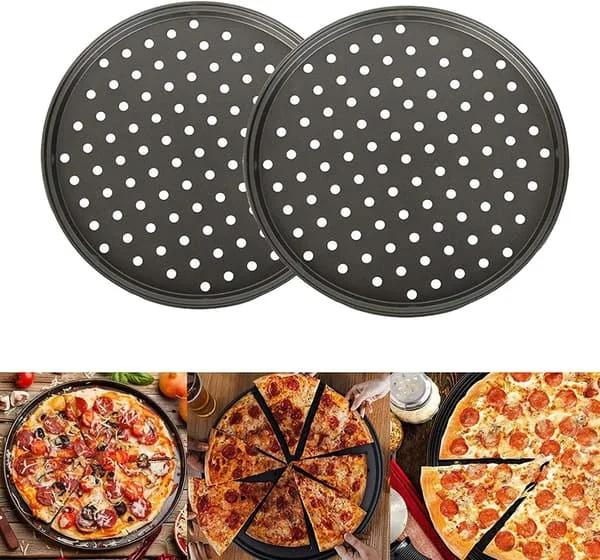 Professionel pizzapande med huller, perforeret non-stick bageplade i kulstofstål til sprød pizza, bageplade til ovn i hjemmerestaurantkøkken (2