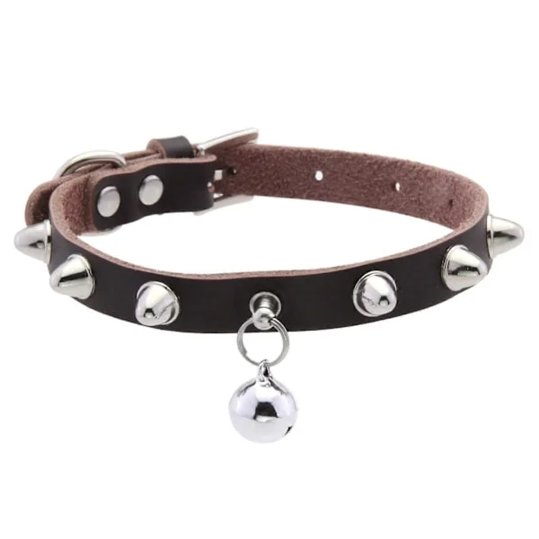 Halsbånd i lær til katt med bjelle - Justerbar naglet kjæledyrhalsrem for små hunder, punk-stil med D-ring i legering for båndkontroll og sporing