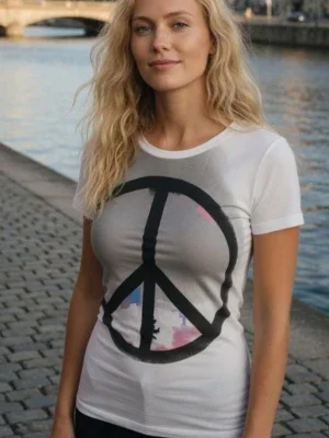 Vit kortärmad topp / T-shirt med stort Peace märke. Strlk: XS. Bomull, viskos? Felfri.