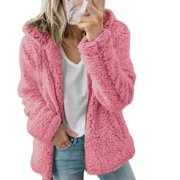 Fleece hettegenser for kvinner, fluffy, langermet jakke, varm teddybjørn-cardigan, rosa rosa{hw}